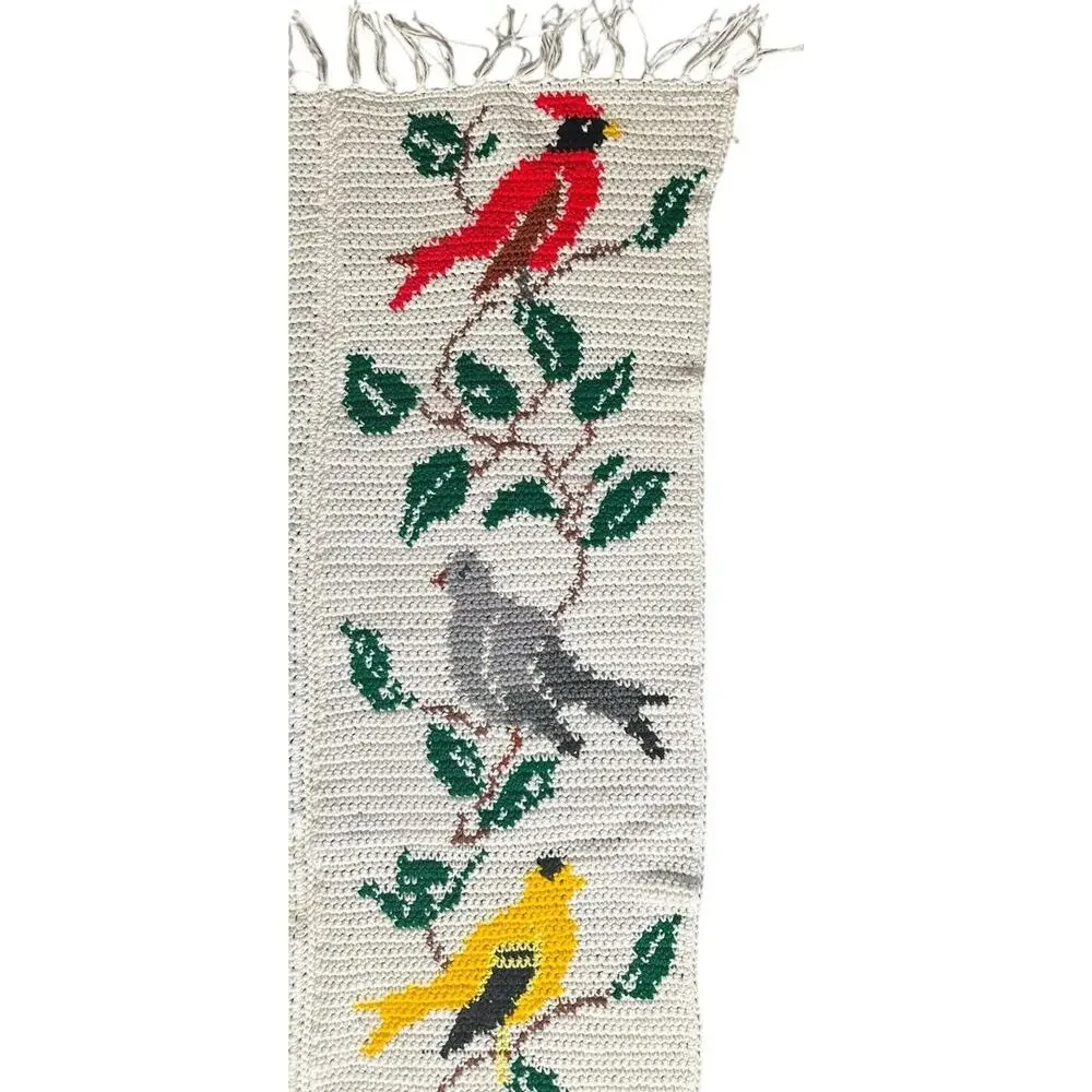 Handmade Colorful Birds White Crochet Knit Afghan Throw Blanket w/ Fringe‎ 48x60